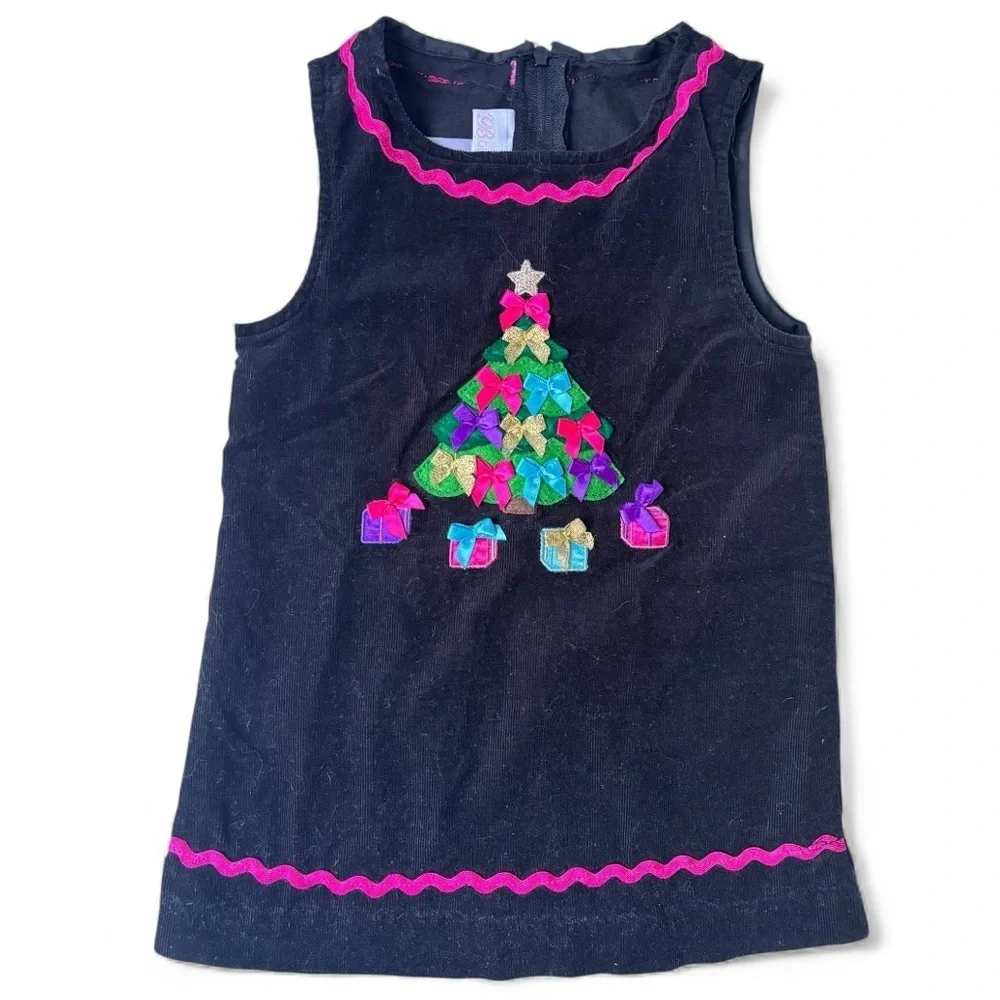 Bonnie Baby Christmas Corduroy Dress Black Tree Ribbon Bows Bright Holiday 12M